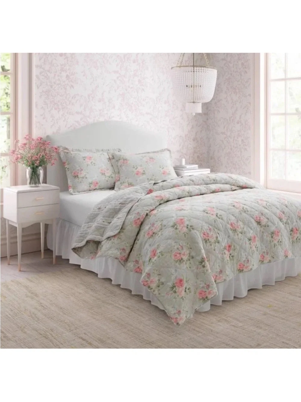 Laura Ashley ~ KING Melany Pink Rose Floral 3pc 100%Cotton Quilt Set Reversible